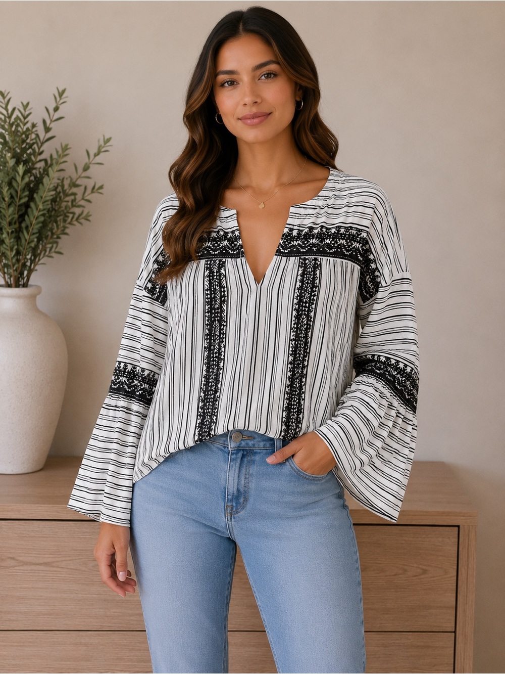 NET j.Marie | Striped Black & White Embroidered V-Neck Blouse